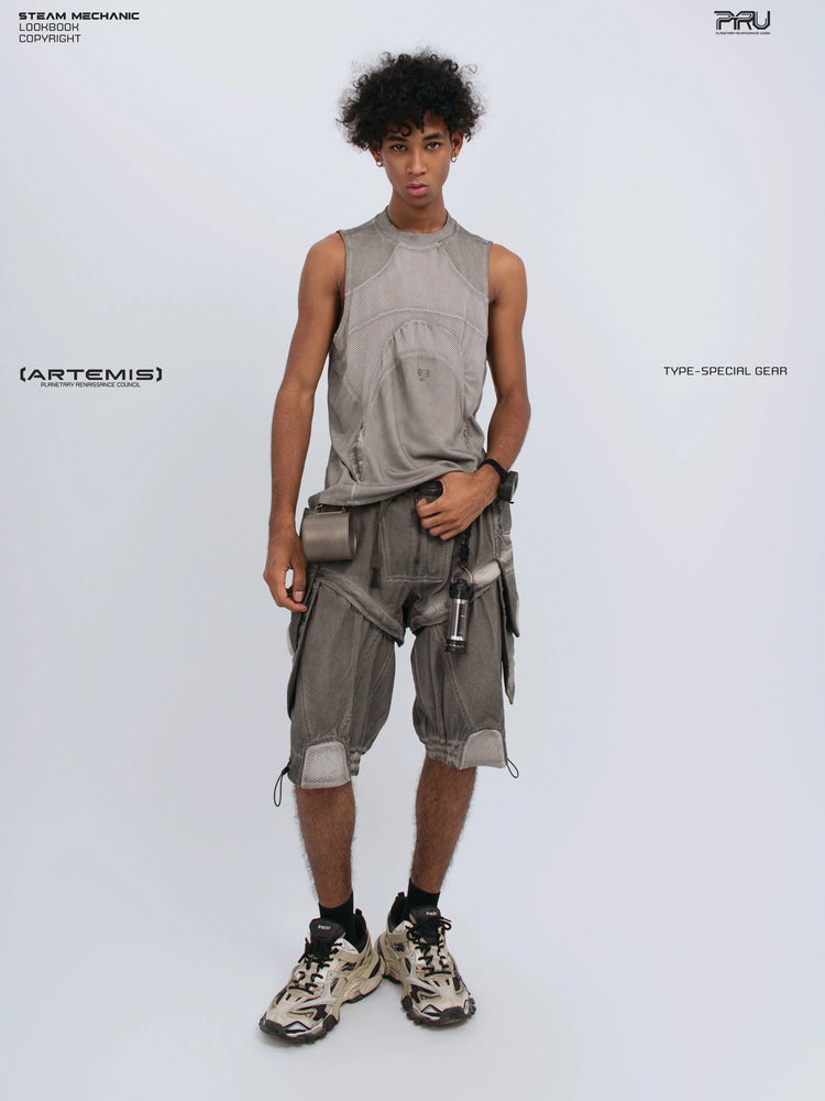 AEGIS lunar sea gray distressed mesh tank — full-length front modeled view with hand at the hem