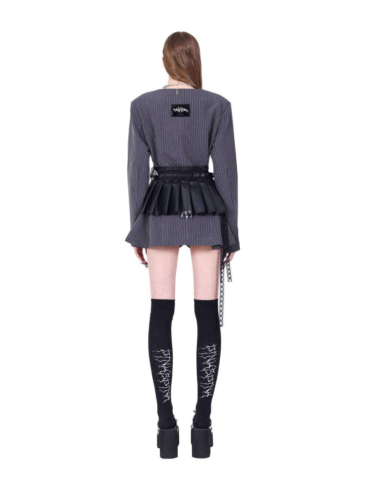 PINKSPINK ELECTRIC MOON pinstripe ring-detail blazer dress in gray pinstripe — full-length back modeled view with a black pleated waist accessory