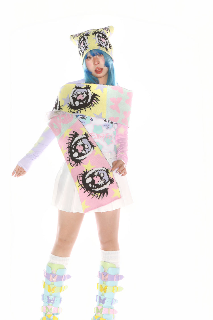 DEADENDKIDS ANIME EYES knit scarf & reversible hat — full-length modeled view
