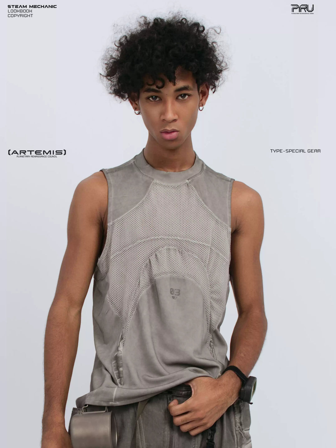 AEGIS lunar sea gray distressed mesh tank — front three-quarter modeled view holding the hem
