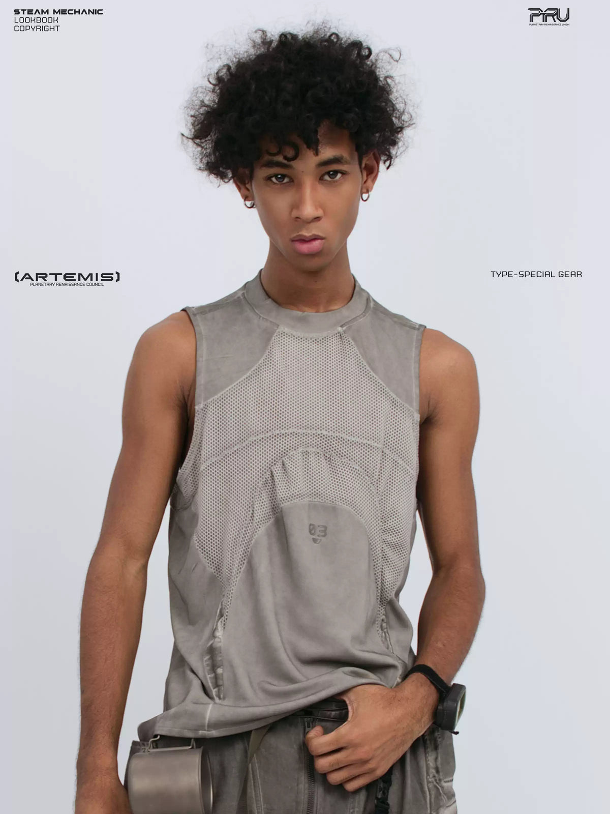 AEGIS lunar sea gray distressed mesh tank — front three-quarter modeled view holding the hem