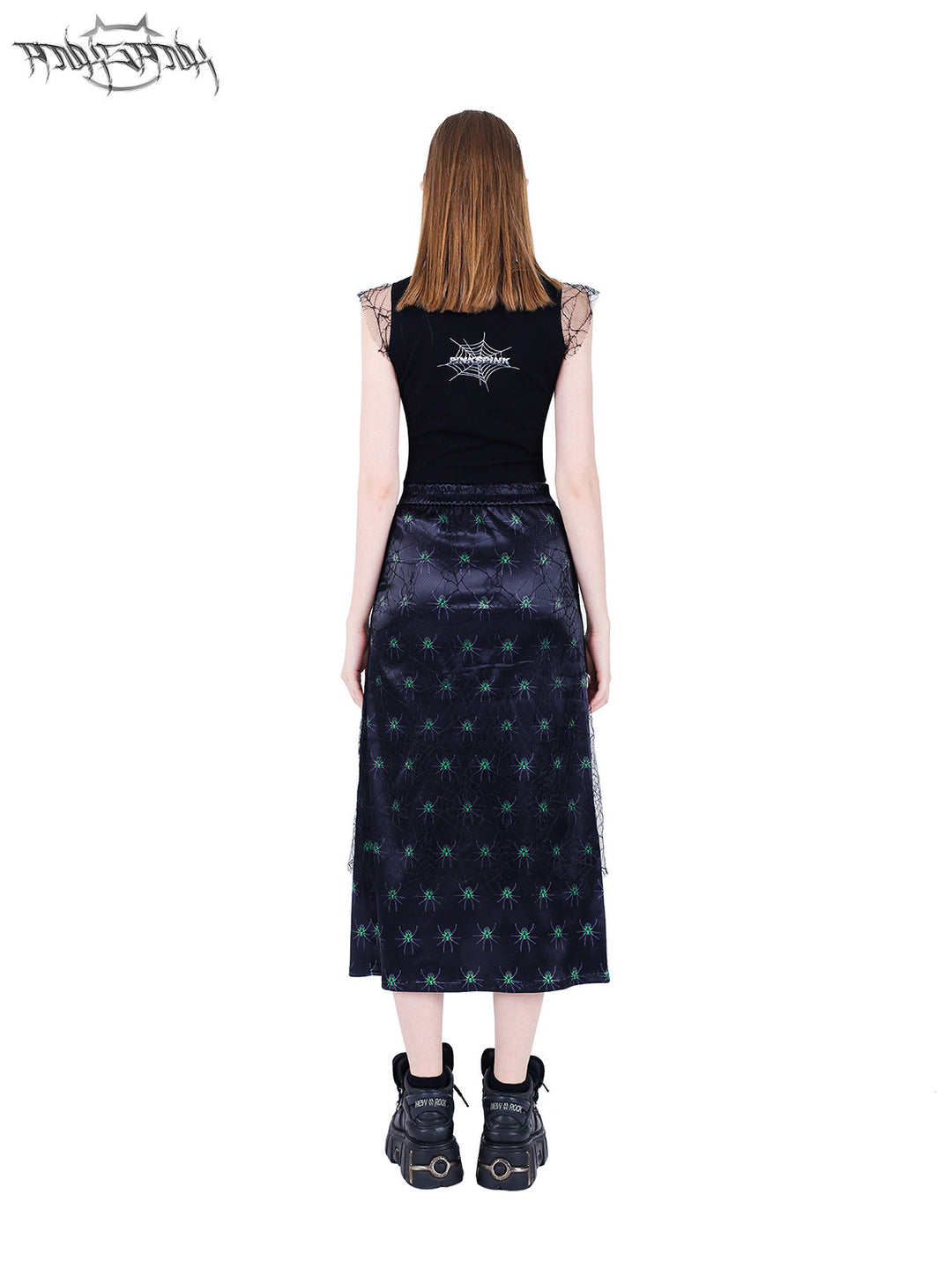 PINKSPINK SPIDER layered web-mesh midi skirt — back full-length modeled view styled with a cropped top