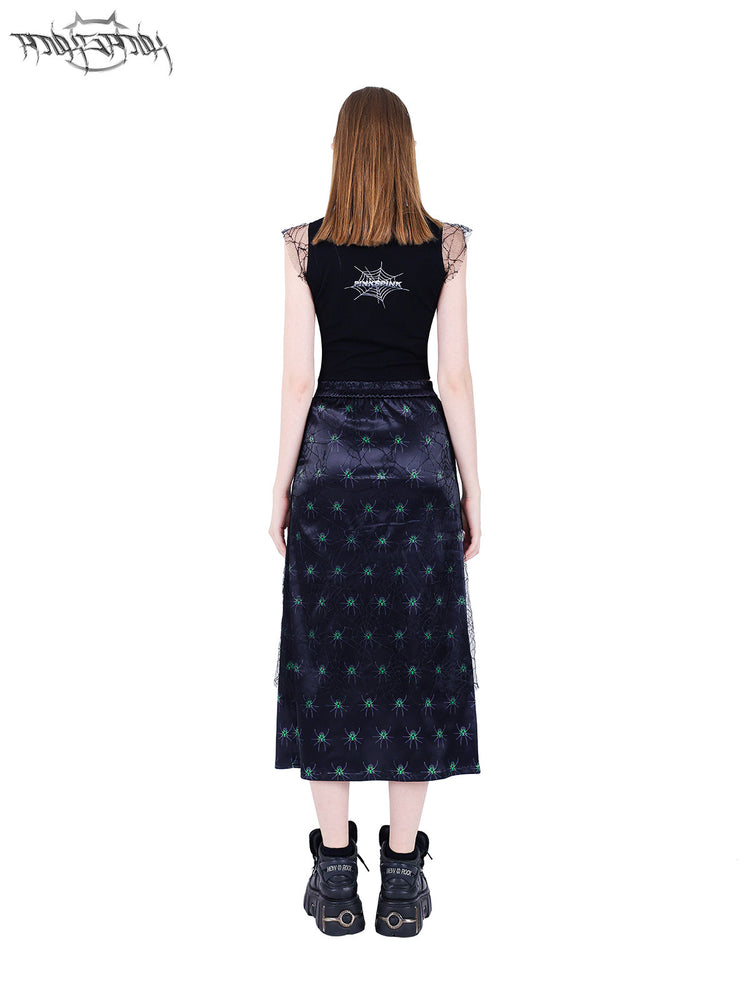 PINKSPINK SPIDER layered web-mesh midi skirt — back full-length modeled view styled with a cropped top
