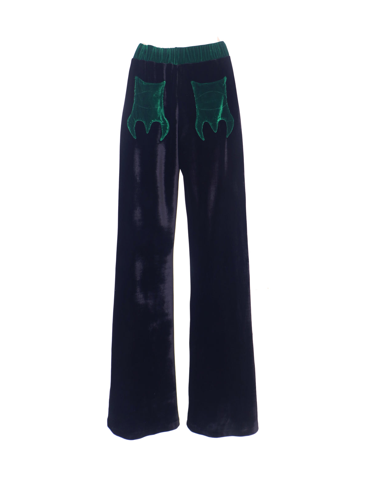 EMBRYO GREEN SPIKE velvet wide-leg pants in green and black — rear garment-only view showing green claw-shaped patch pockets