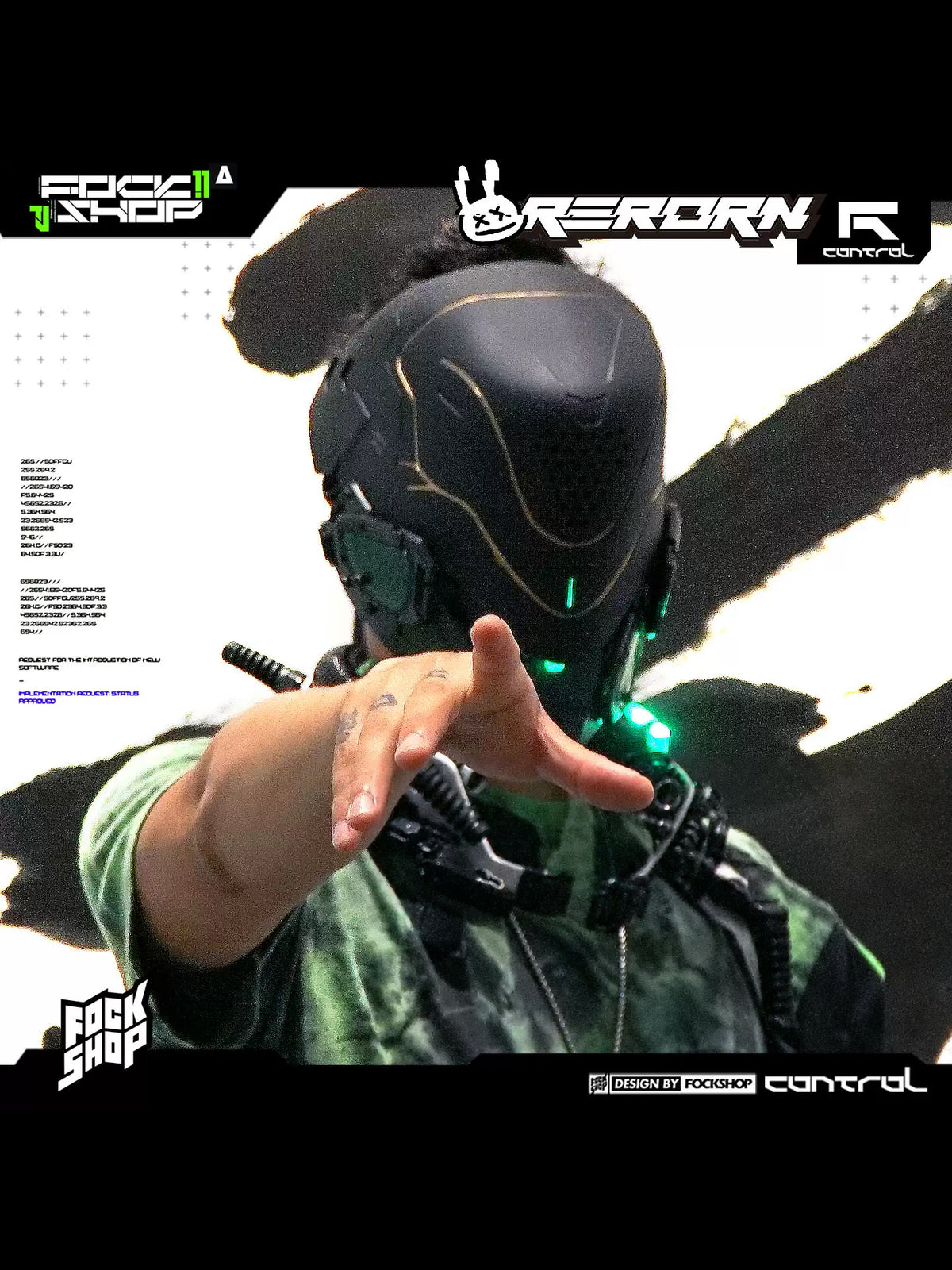 FOCKSHOP PROPHECY illuminated cyber mask in gold-line green — modeled front view with hand extended