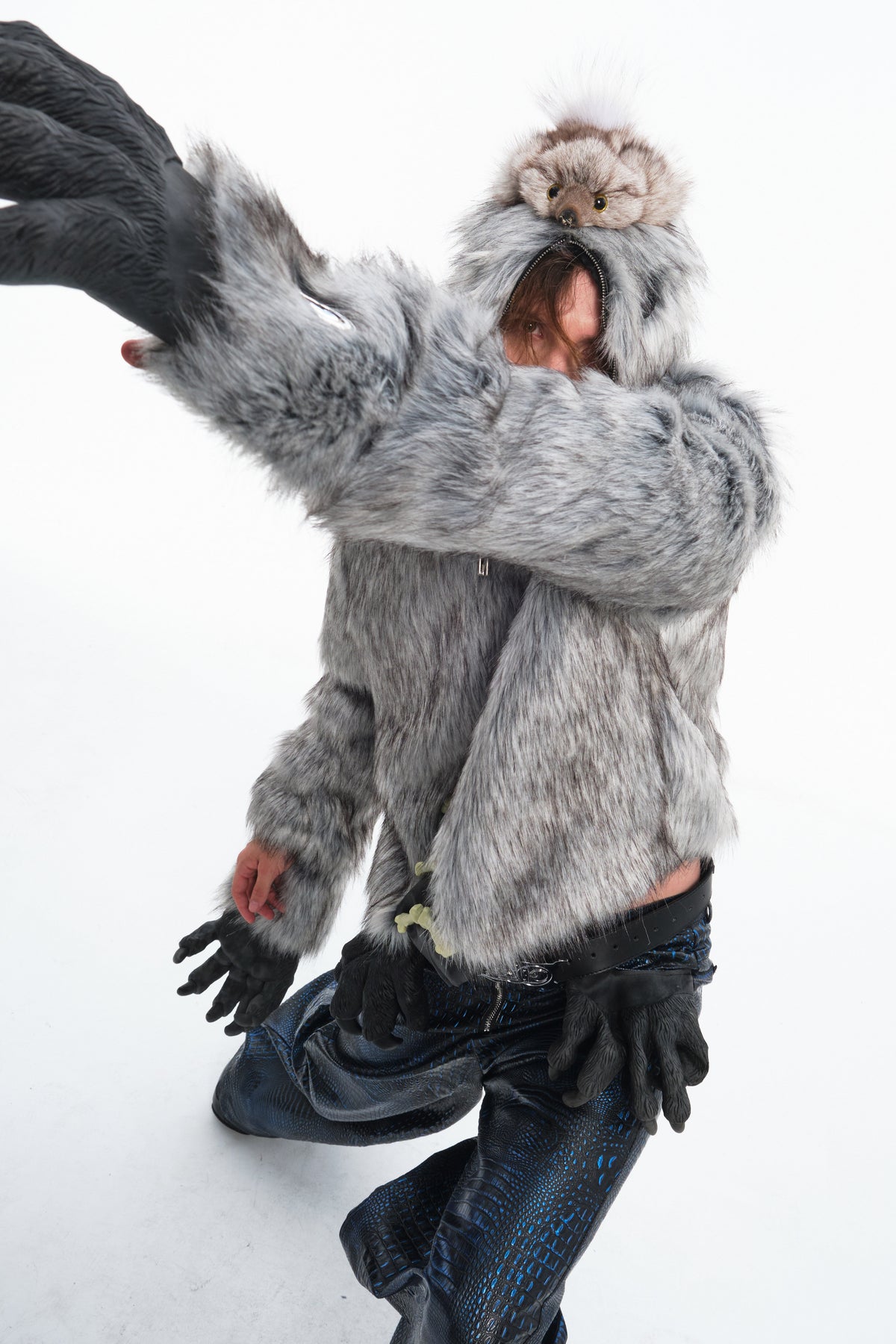 EMBRYO ANIMAL SHELL hooded faux-fur jacket — full-length modeled view