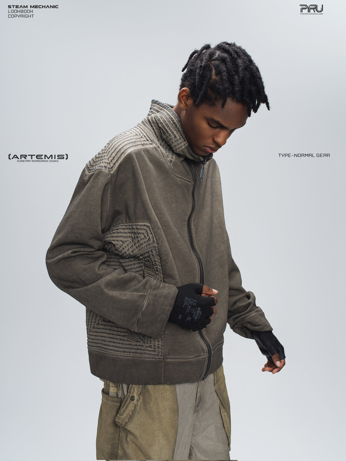 PIONEER mercury brown distressed protection zip jacket — rear modeled view