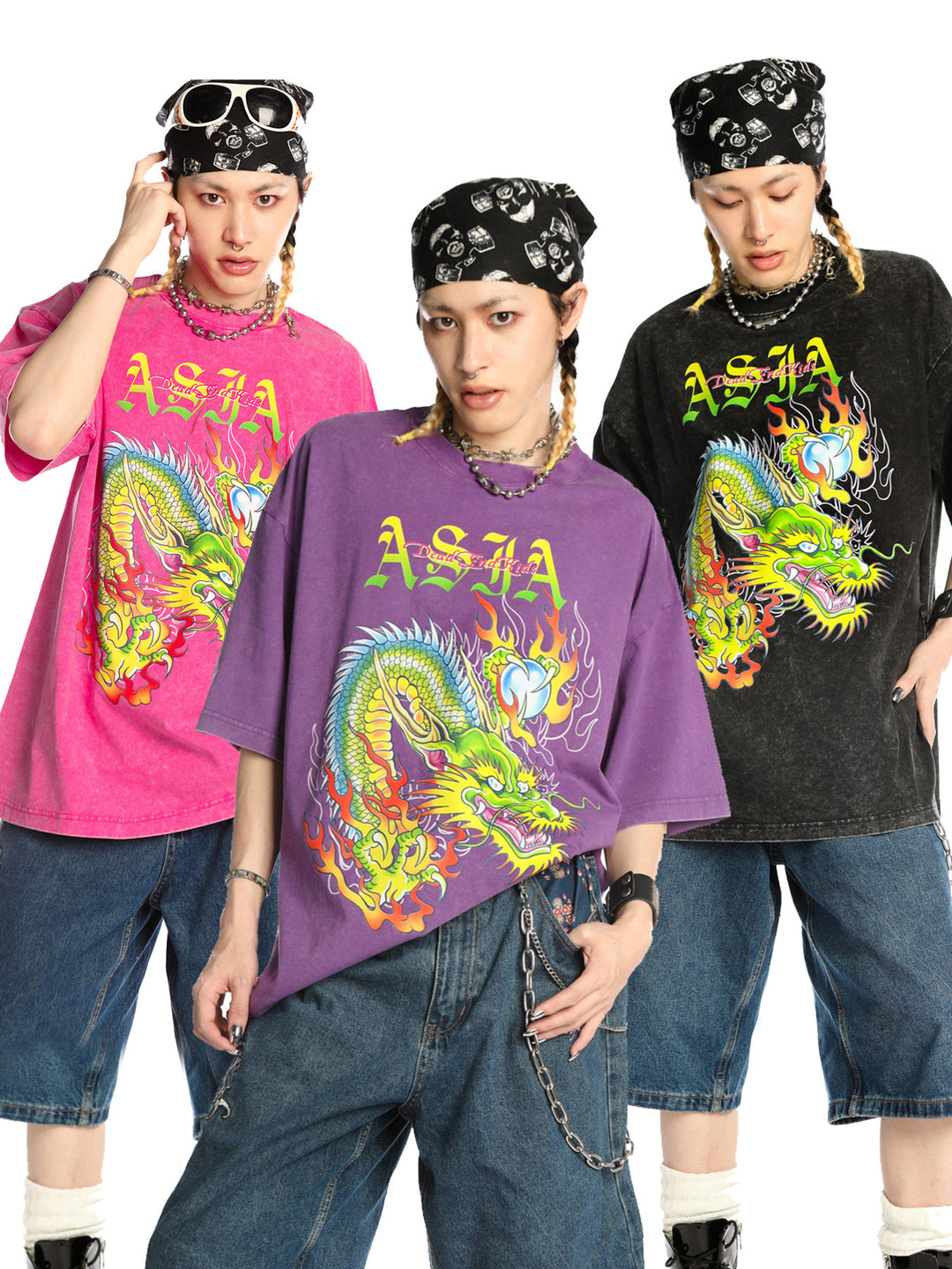 DEADENDKIDS ASIA DRAGON washed graphic tee — full-length modeled view