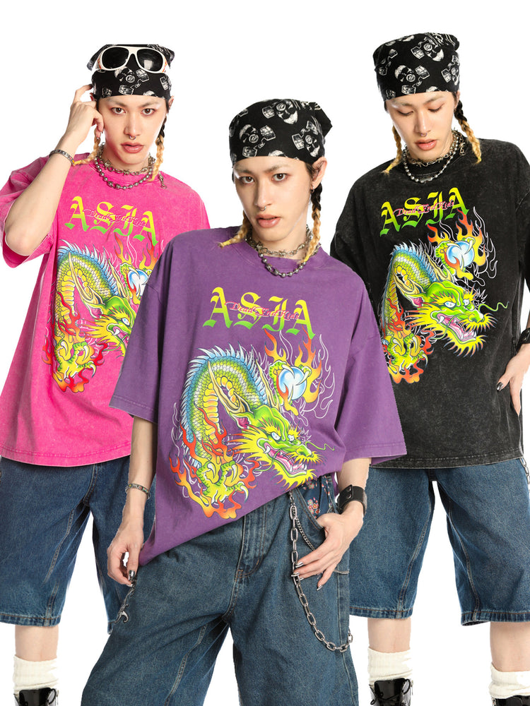 DEADENDKIDS ASIA DRAGON washed graphic tee — full-length modeled view