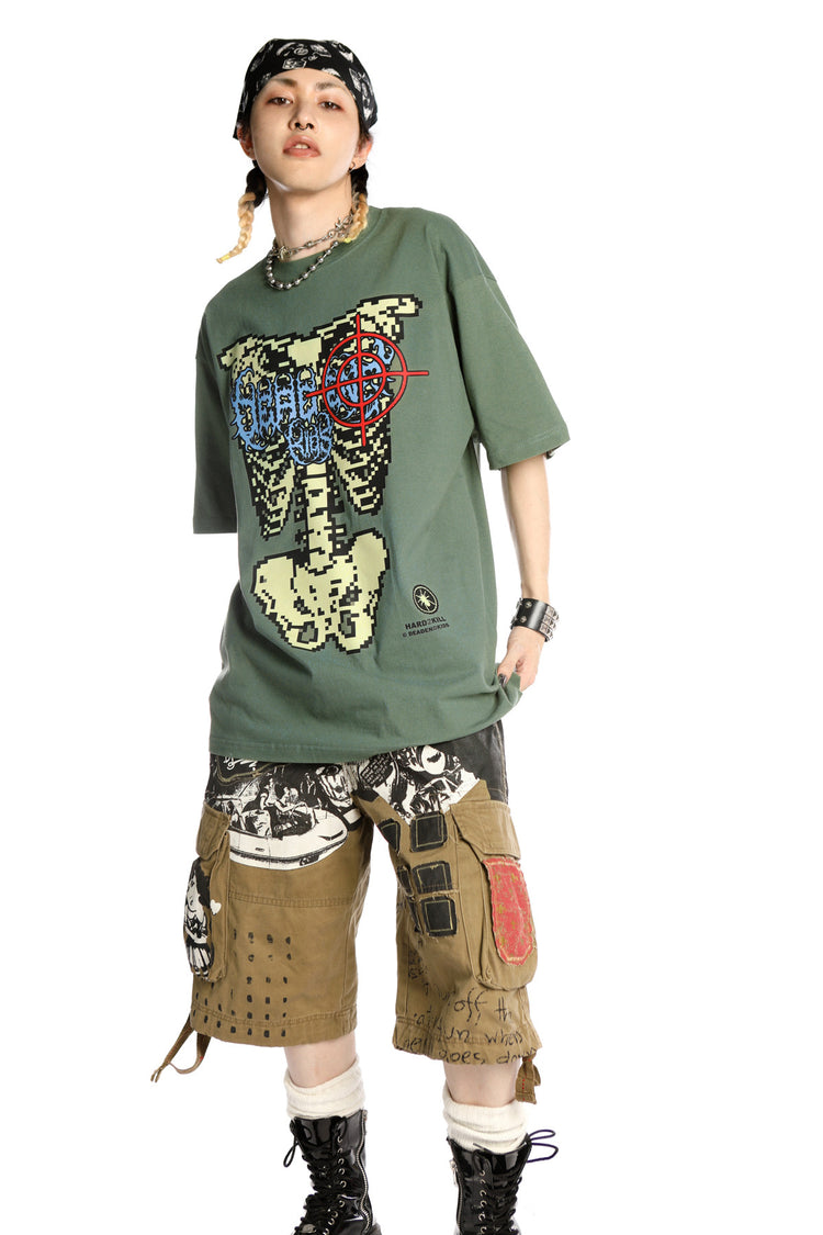 DEADENDKIDS SKELETON RIOT oversized graphic tee — full-length modeled view