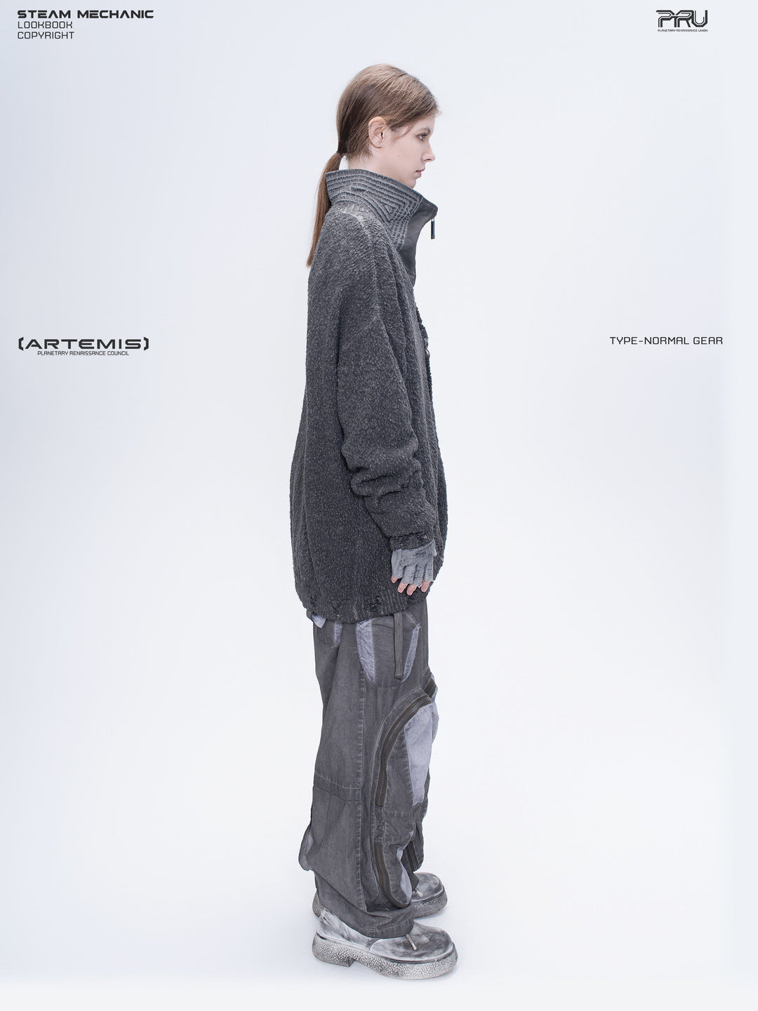 PIONEER moon dust gray moon-protection distressed sweater — rear modeled view