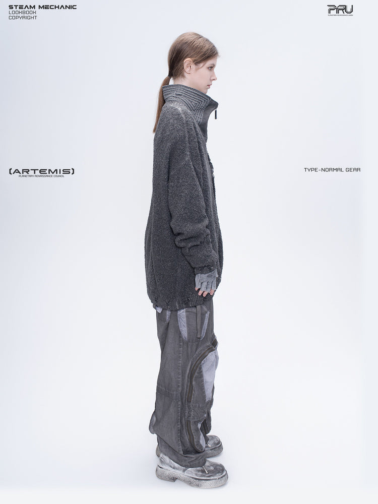 PIONEER moon dust gray moon-protection distressed sweater — rear modeled view