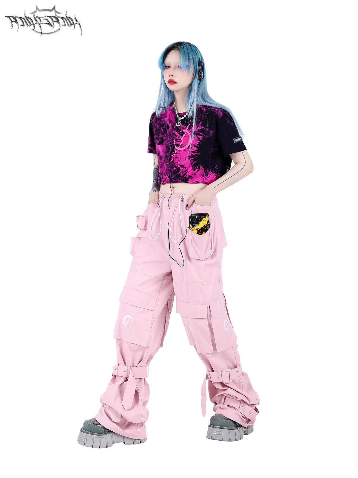 PINKSPINK ELECTRIC MOON double-layer tie-dye crop tee — pink-black three-quarter front modeled view