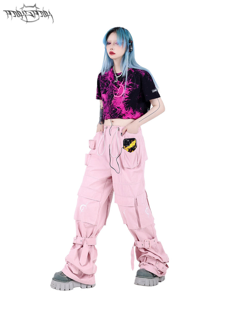PINKSPINK ELECTRIC MOON double-layer tie-dye crop tee — pink-black three-quarter front modeled view