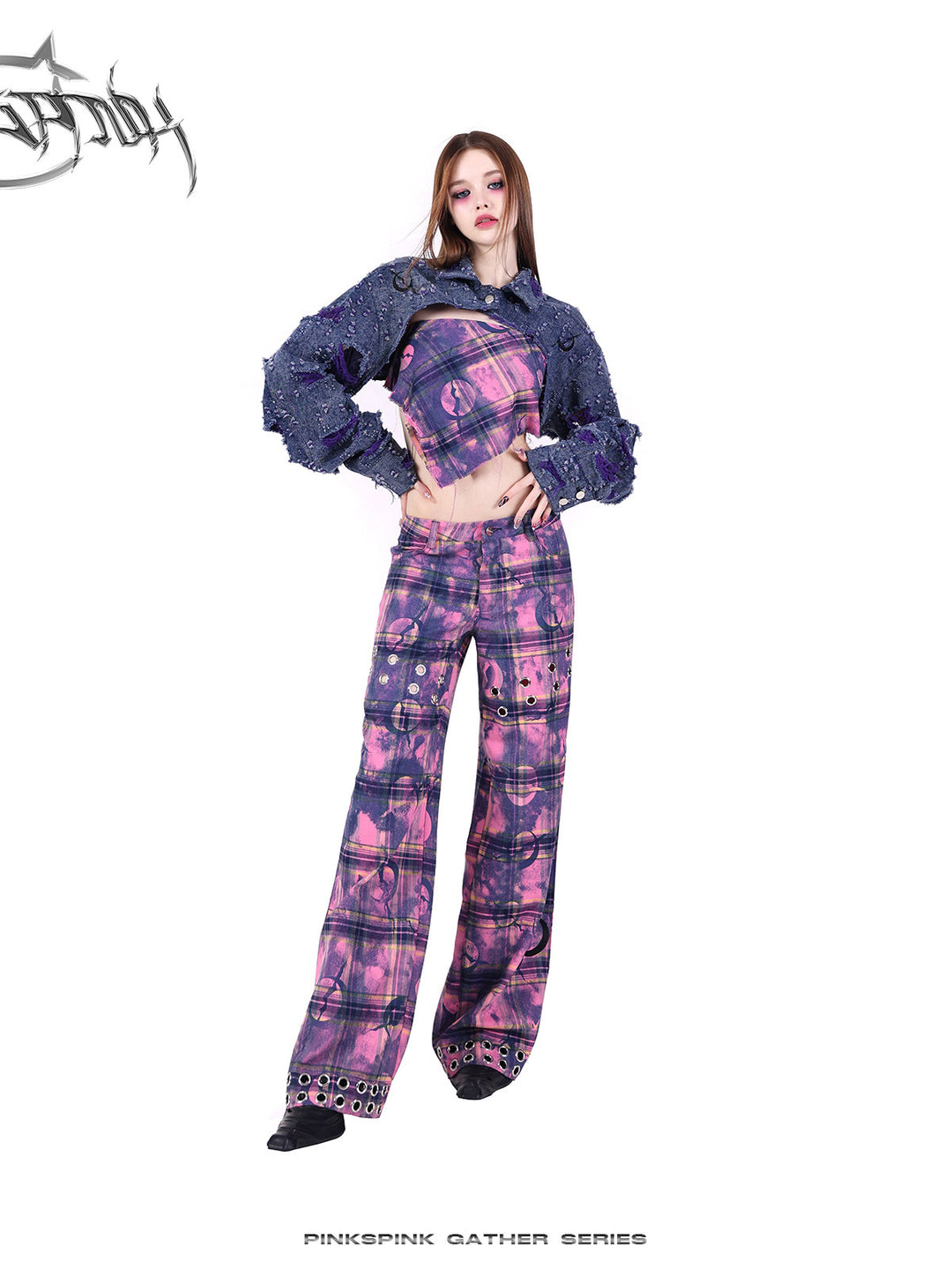 PINKSPINK BROKEN VIOLET distressed denim cropped jacket — alternate modeled view showing the silhouette