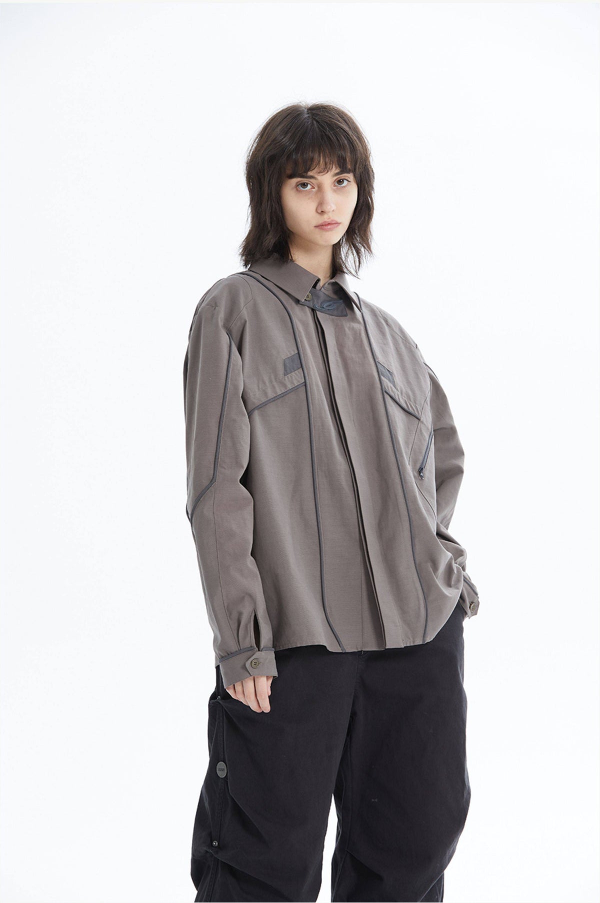 ERRORCODE ROBOT taupe tech work shirt — front three-quarter modeled view without cap
