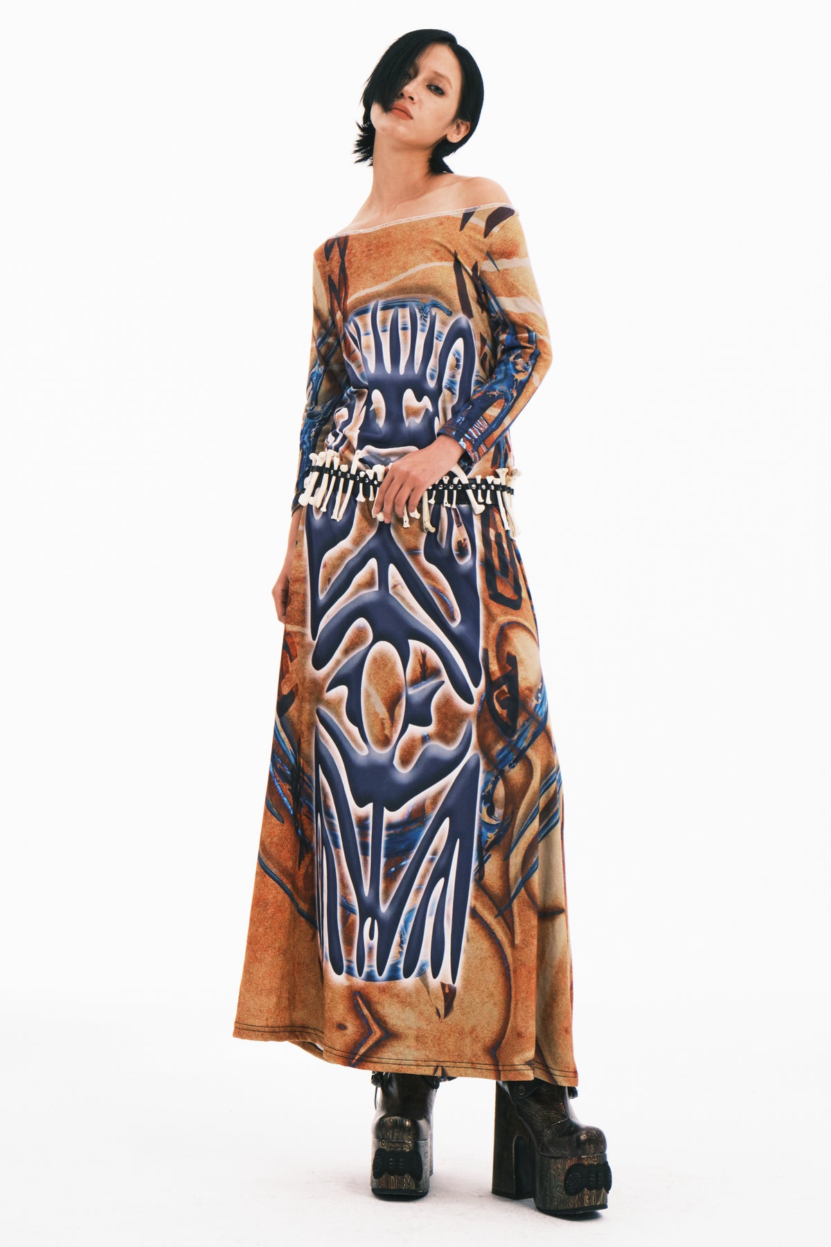 EMBRYO TRIBAL ENTITY off-shoulder maxi dress — full-length modeled styling view
