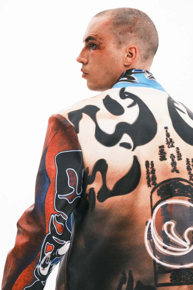 EMBRYO POWER TOTEM muscle-print PU leather jacket — garment-only construction view