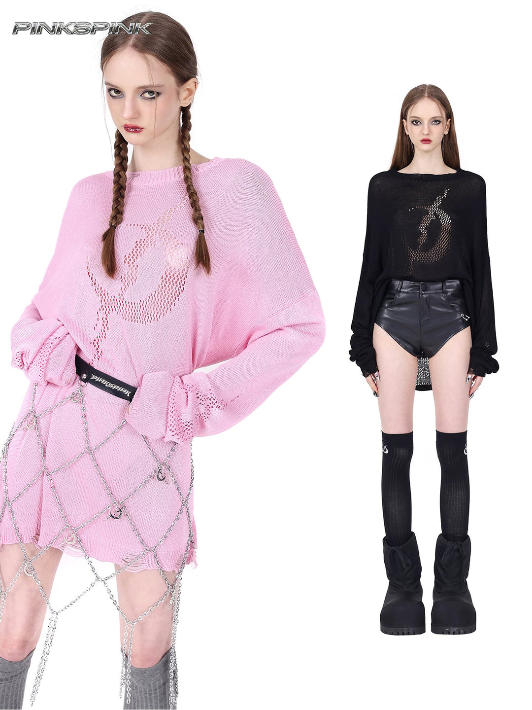 PINKSPINK ELECTRIC MOON distressed open-knit sweater in pink and black — modeled collage showing the openwork crescent and loose sleeves