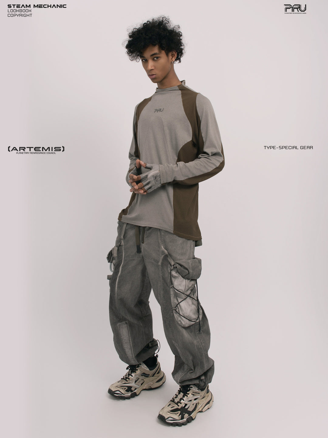 STARCORE ash tundra mesh-panel long-sleeve top b — full-length front modeled view with hands together