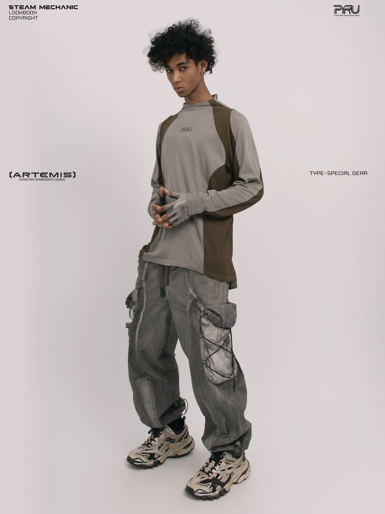STARCORE ash tundra mesh-panel long-sleeve top b — full-length front modeled view with hands together