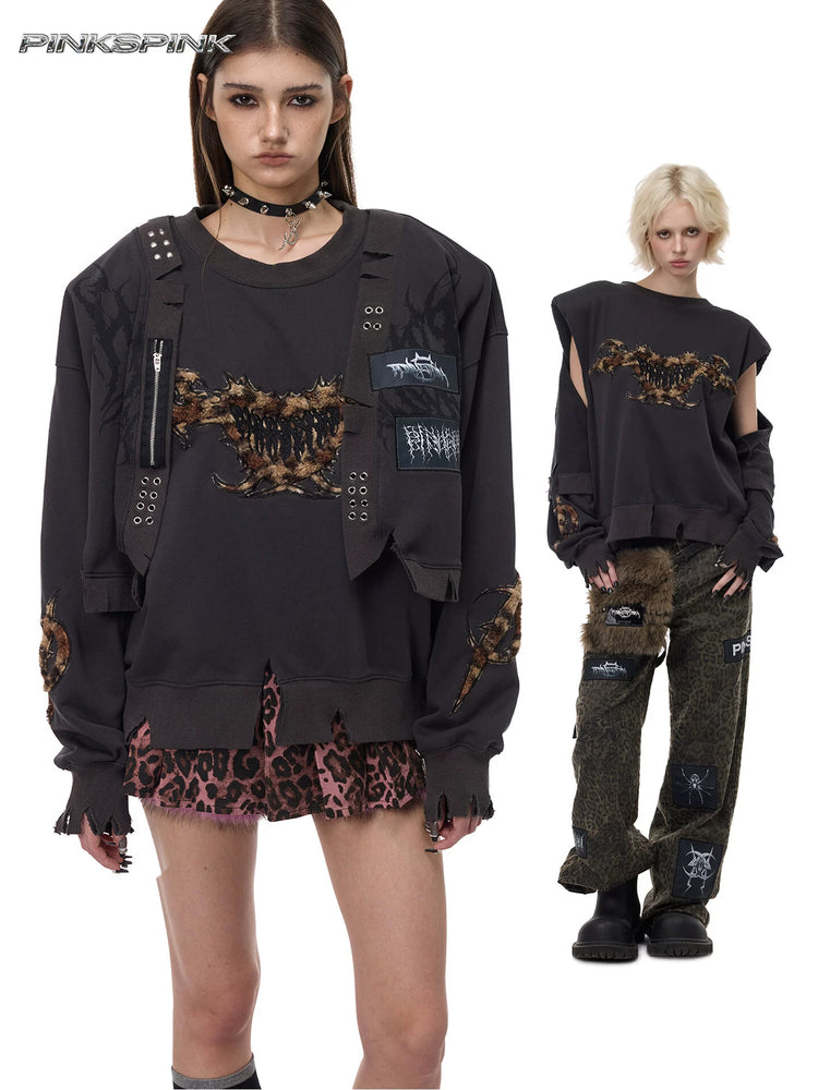 PINKSPINK LEOPARD RIOT two-way layered sweatshirt — charcoal black modeled collage showing two wearing styles