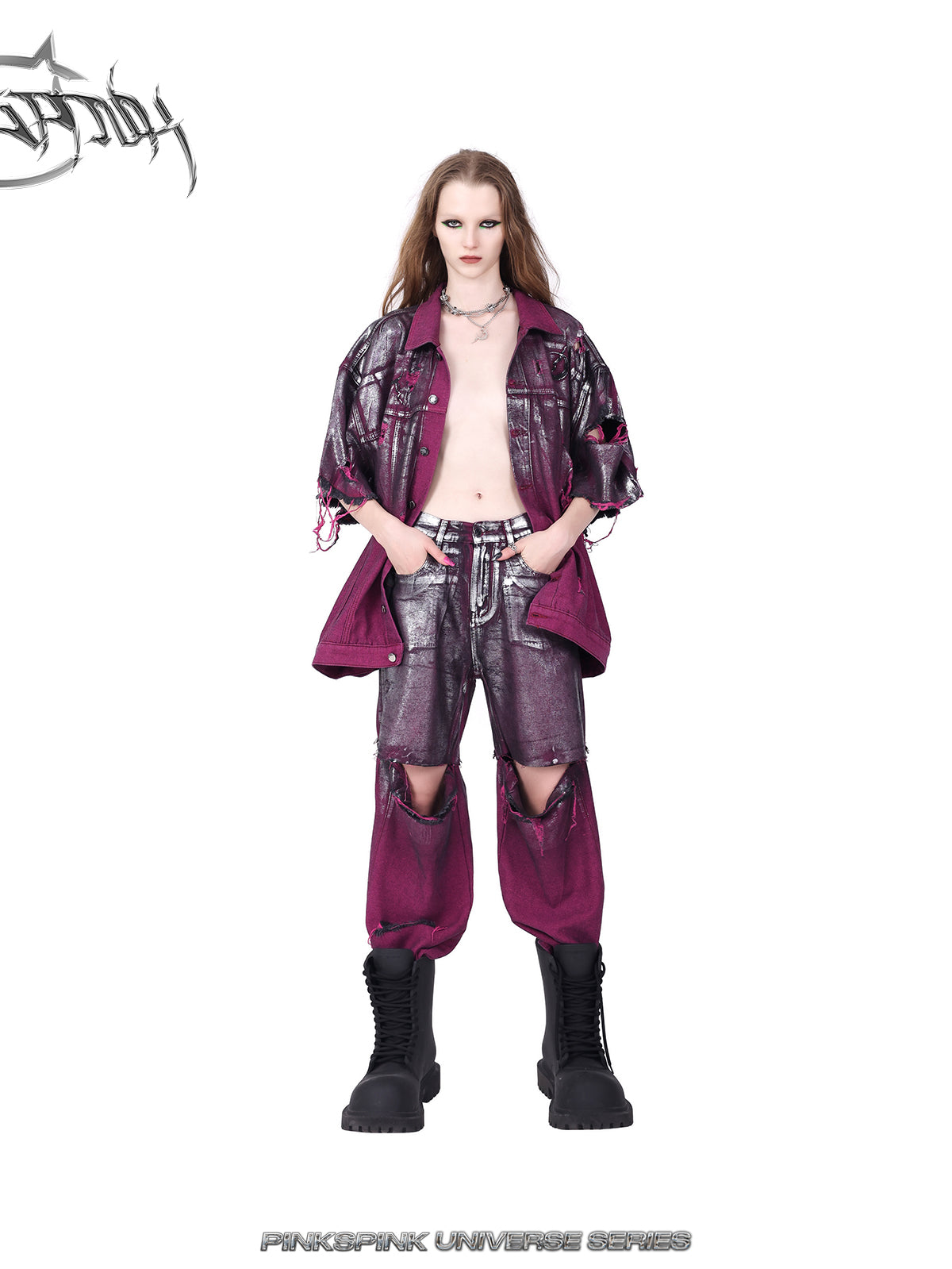 PINKSPINK silver-coated distressed denim jacket in WASTELAND PINK — front full-body view with the jacket open.