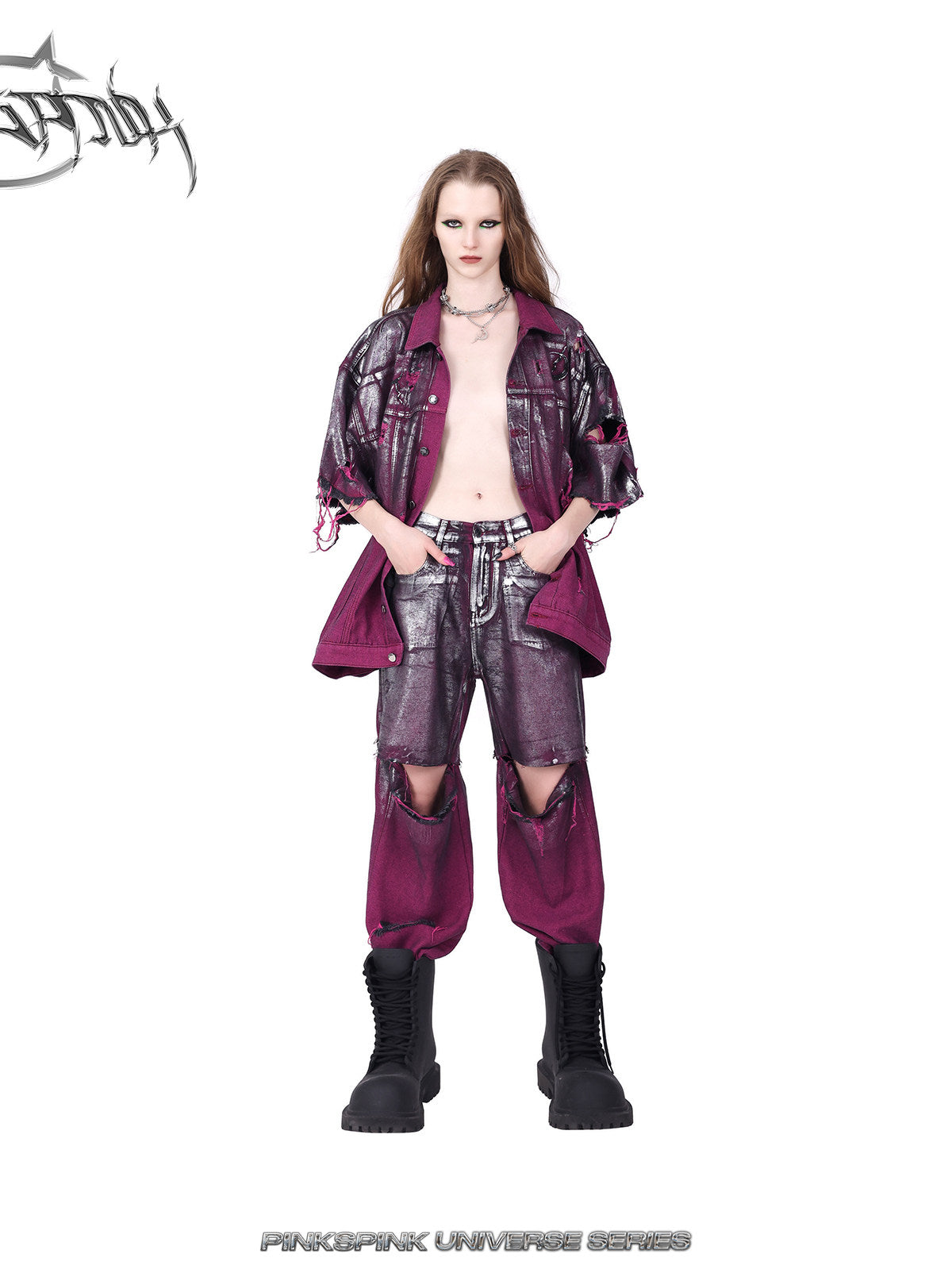 PINKSPINK ELECTRIC MOON silver-coated convertible jeans in burgundy silver — front modeled view with the styling jacket open
