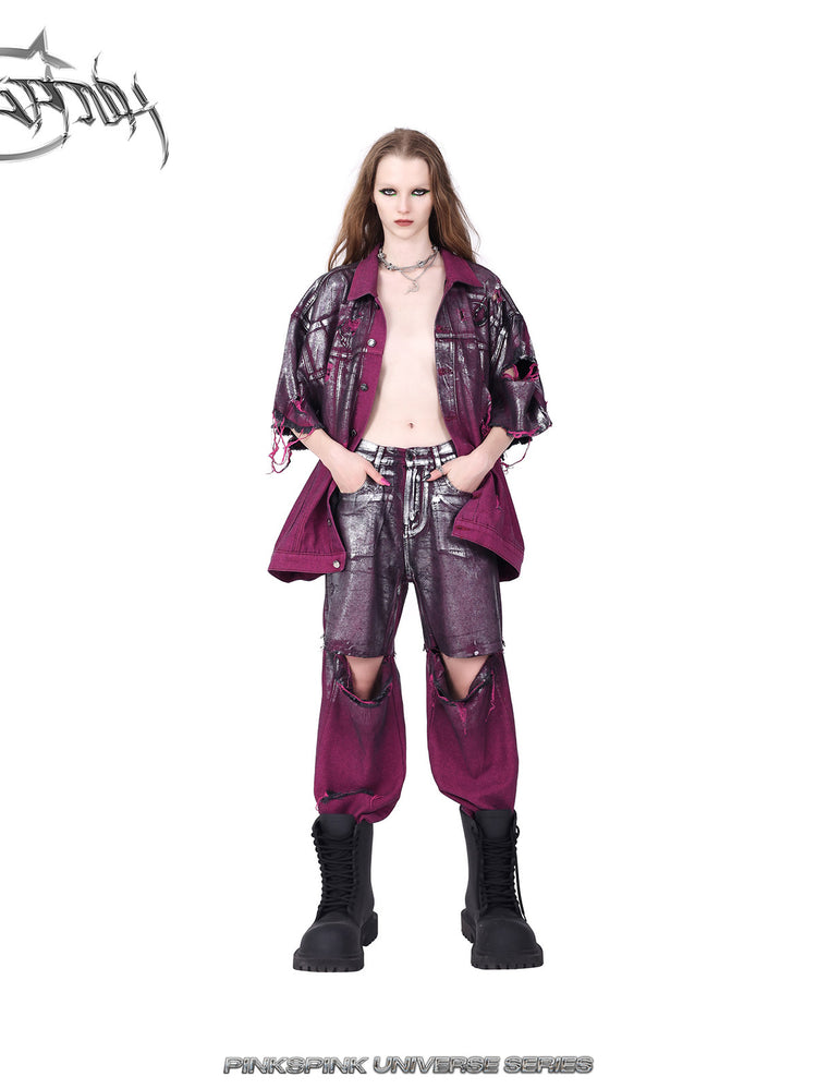 PINKSPINK ELECTRIC MOON silver-coated convertible jeans in burgundy silver — front modeled view with the styling jacket open