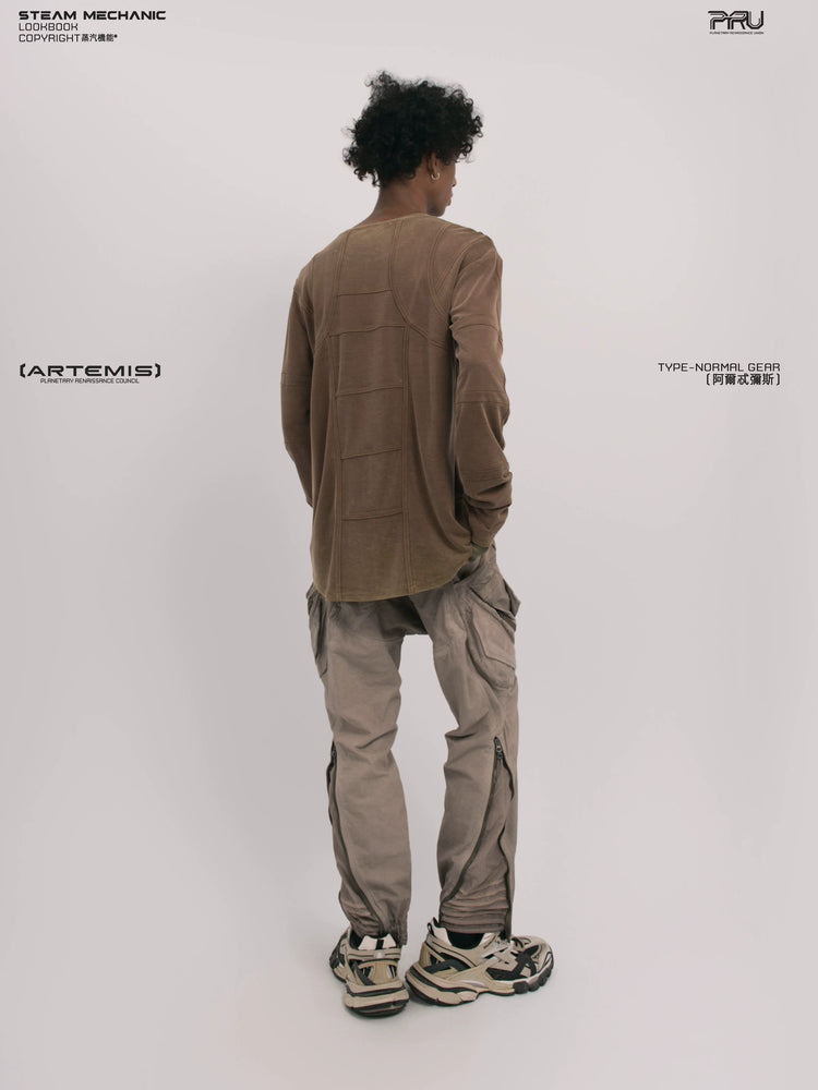 RUSTED ORBIT petrified brown mesh-panel long-sleeve top — material and silhouette detail