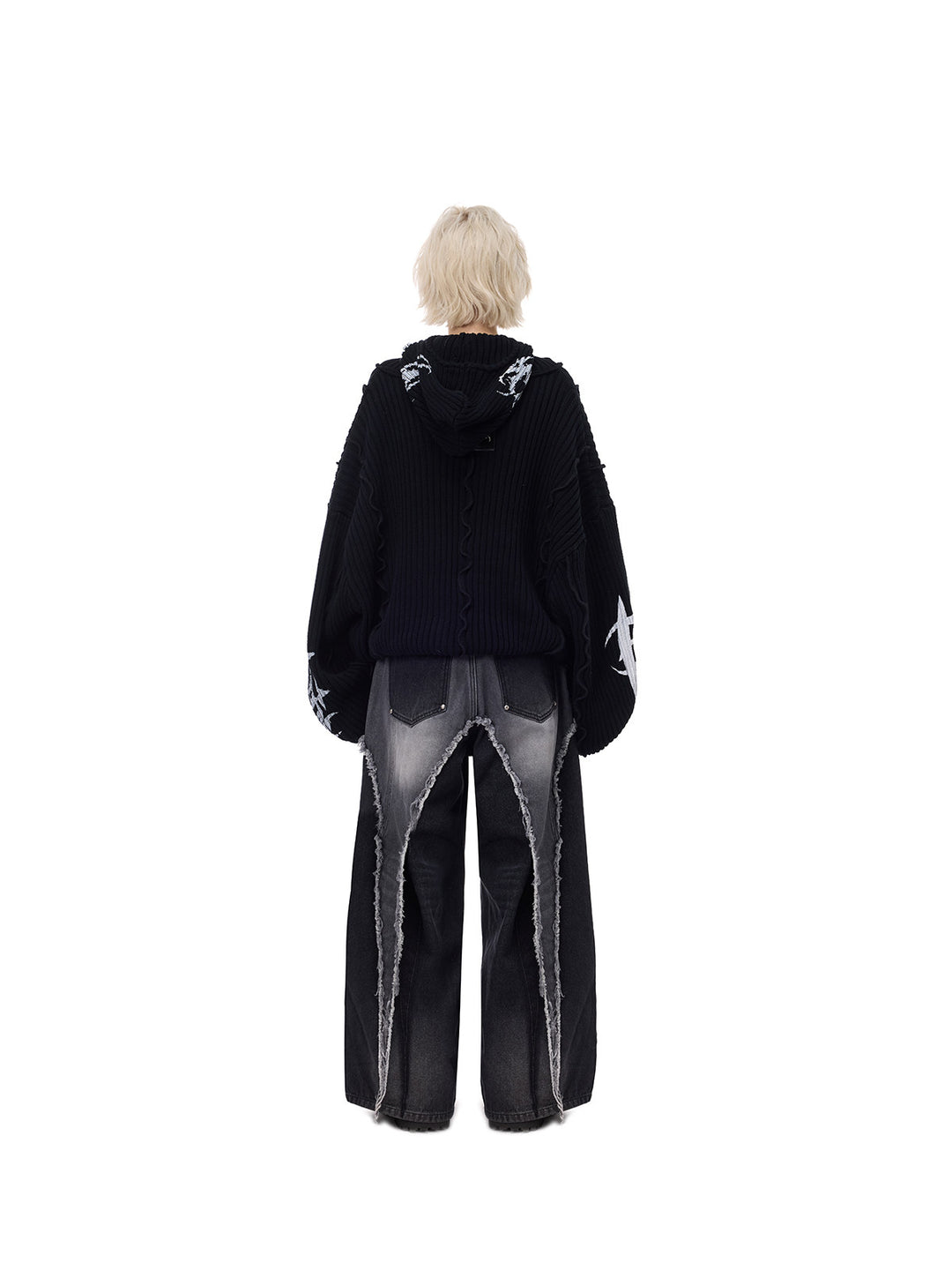 PINKSPINK ELECTRIC MOON reconstructed wide-leg jeans — back full-length styling with graphic sweater