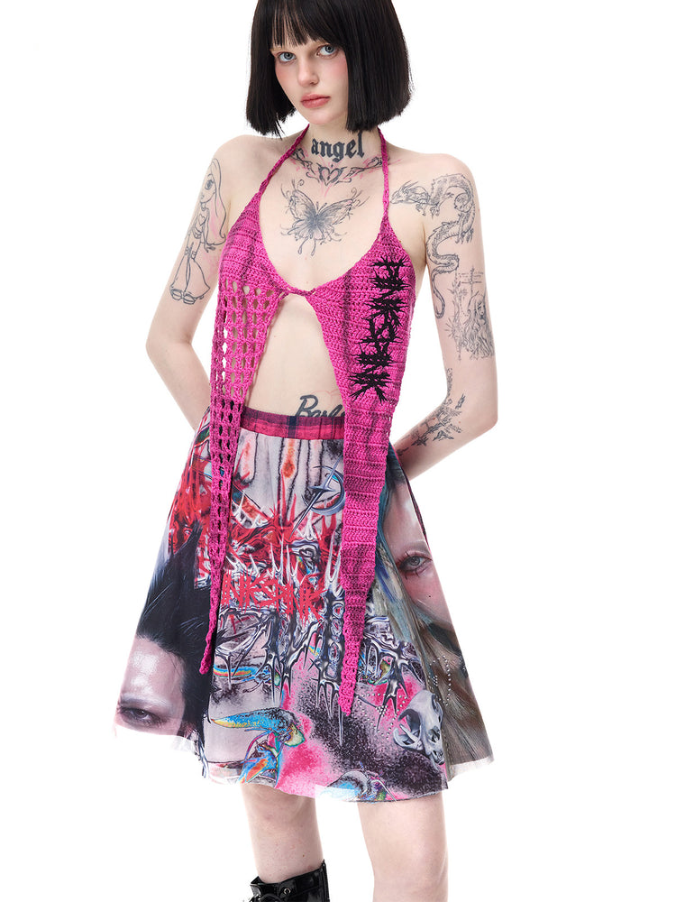 PINKSPINK THORNSTAR open-knit halter top in hot pink — three-quarter front modeled view with the star-shaped panels spread over the waist