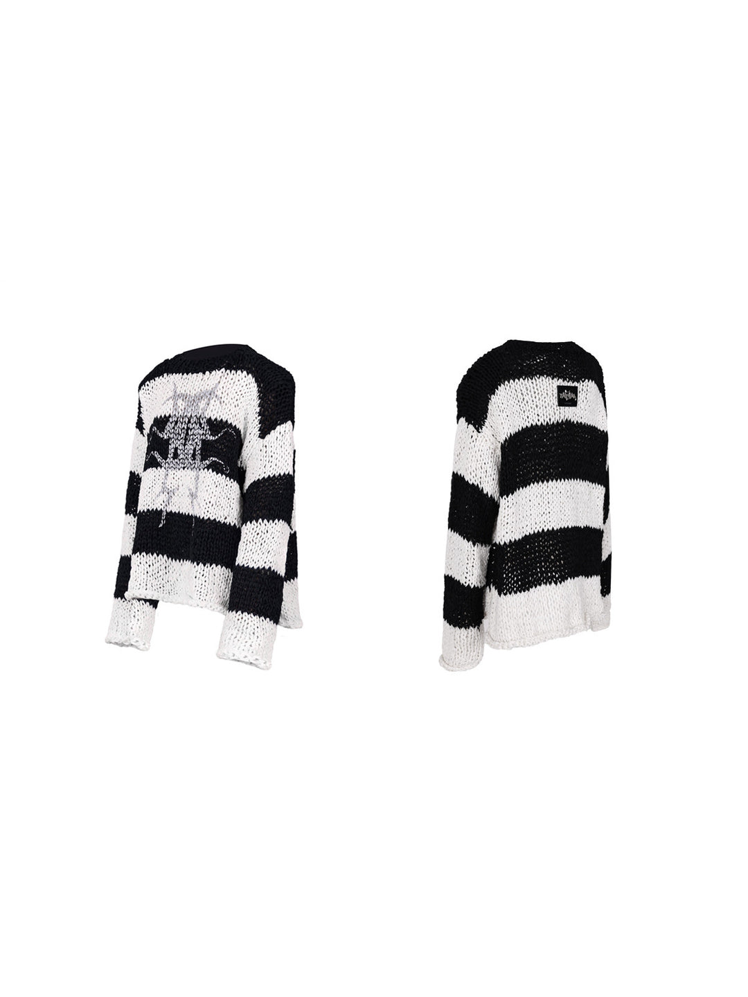 PINKSPINK MIRROR striped open-knit padded-shoulder sweater in black white stripes — front and back garment-only views
