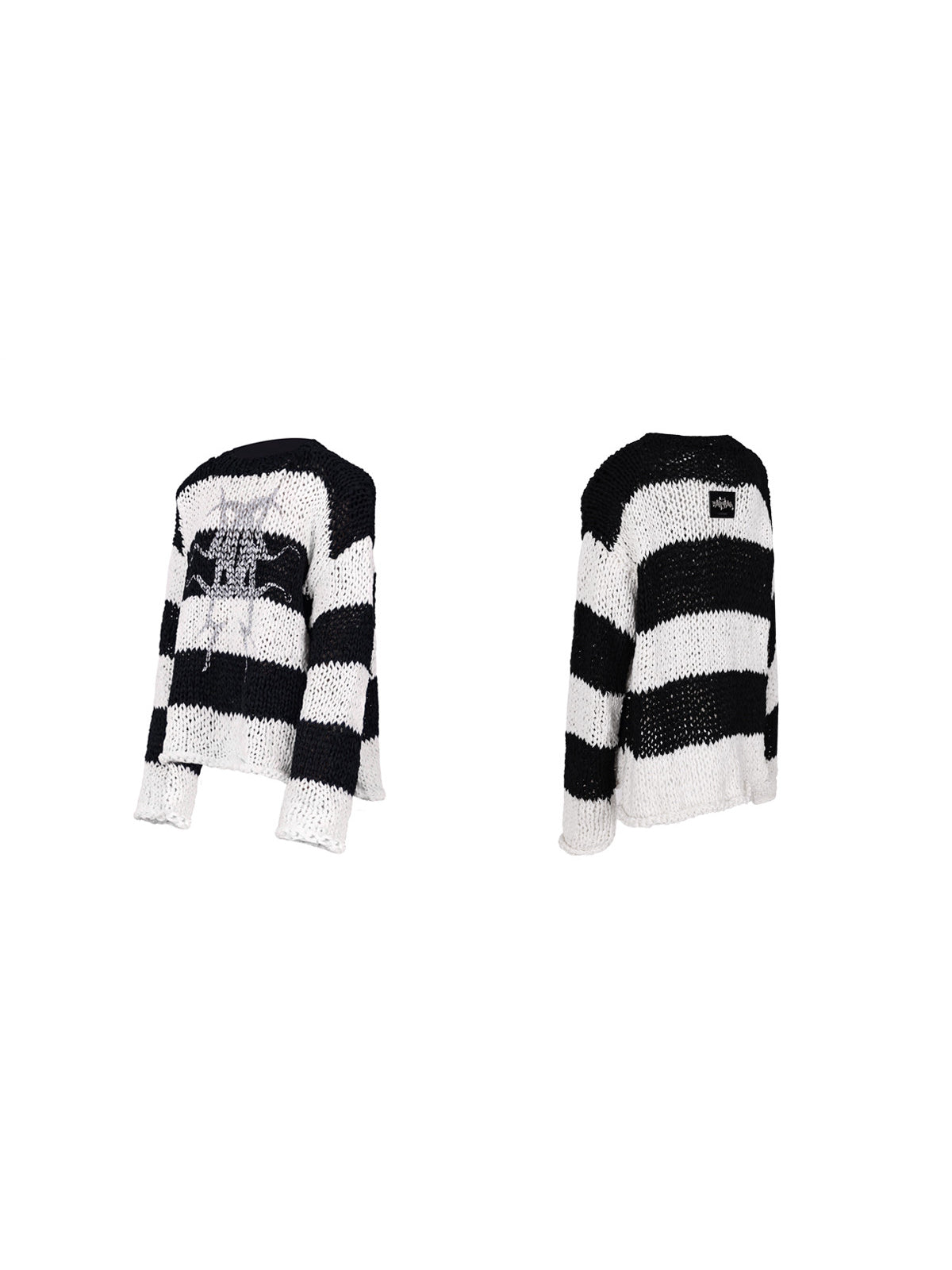 PINKSPINK MIRROR striped open-knit padded-shoulder sweater in black white stripes — front and back garment-only views