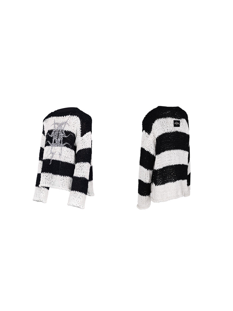 PINKSPINK MIRROR striped open-knit padded-shoulder sweater in black white stripes — front and back garment-only views
