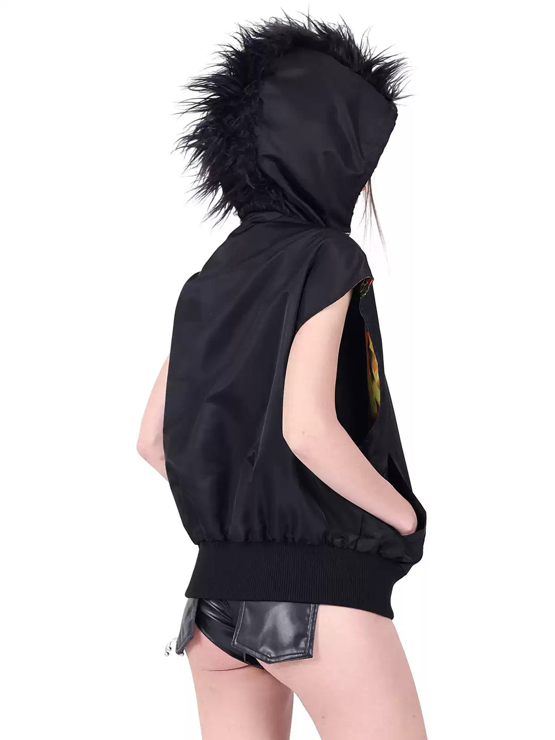 PINKSPINK FIRE CAT reversible mohawk hooded vest — close modeled view highlighting the construction