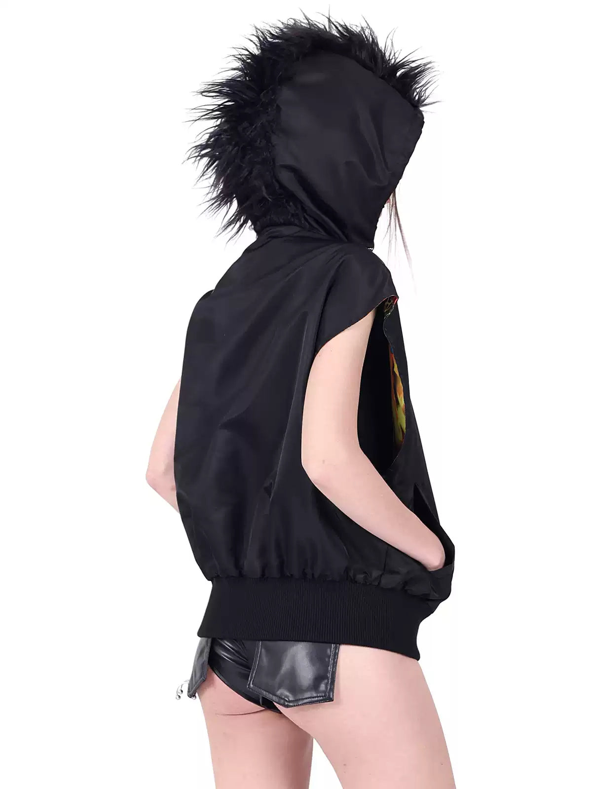 PINKSPINK FIRE CAT reversible mohawk hooded vest — close modeled view highlighting the construction