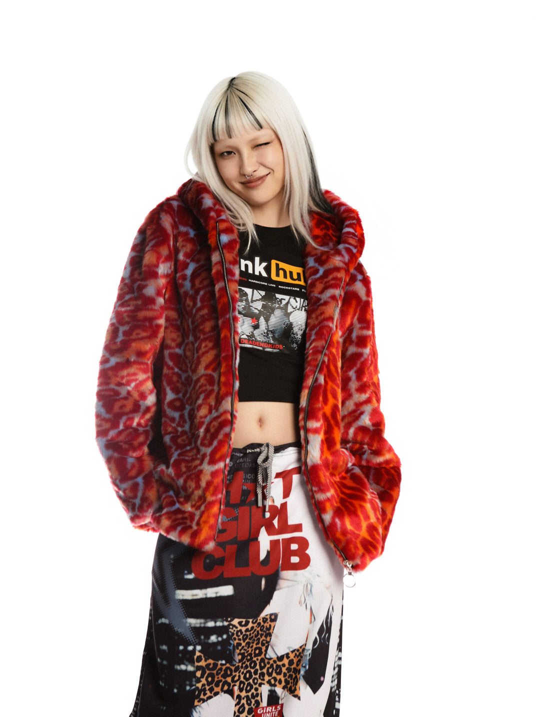 DeadEndKids leopard-print faux-fur hooded jacket in orange blue — front modeled view with orange-blue leopard pattern
