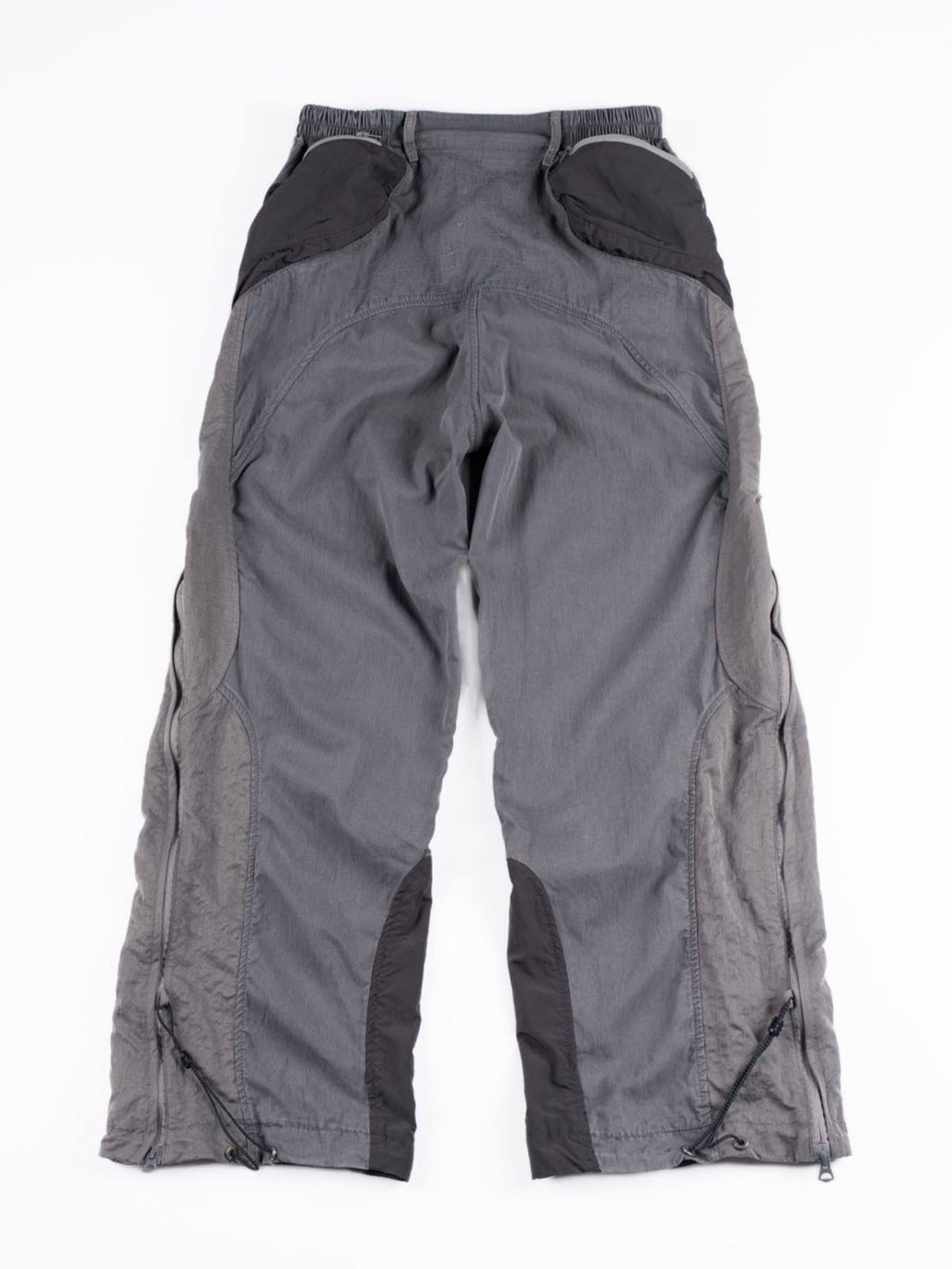 SUPERNOVA alloy gray metallic nylon technical pants — alloy gray back flat-lay showing the shaped rear pockets