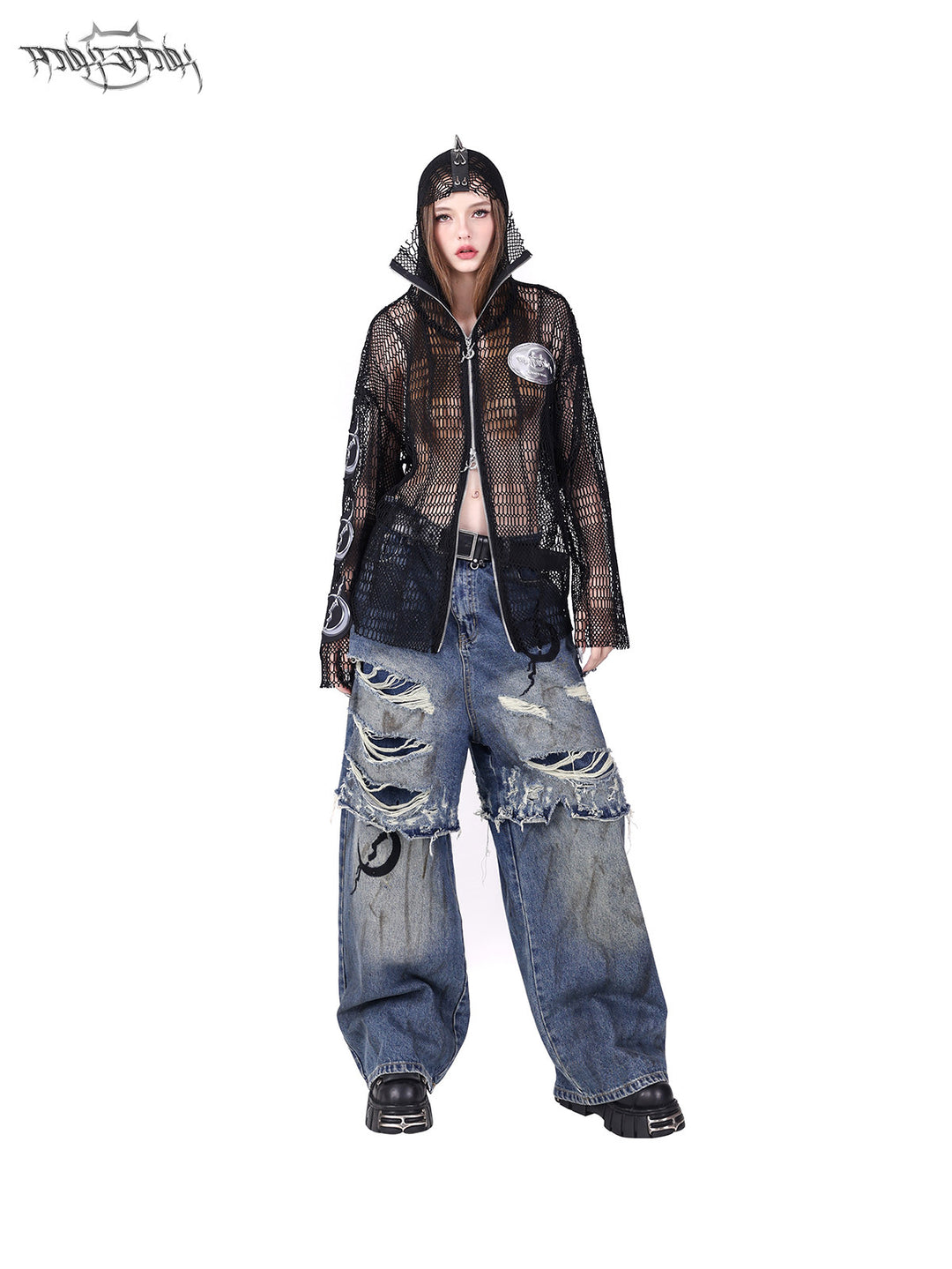PINKSPINK ELECTRIC MOON spiked open-mesh zip hoodie in black — front full-length modeled view corresponding to the hero photograph