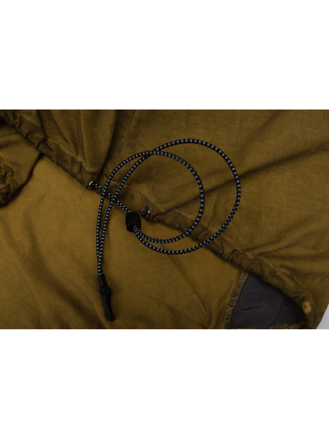 PIONEER mars yellow drawstring commuter sweatshirt — close-up of the adjustable hem drawcord and toggle