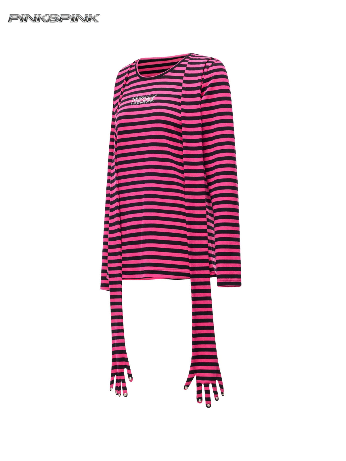 PINKSPINK GHOSTHAND striped glove-sleeve tee in pink and black — angled garment-only front view showing both long hand-shaped panels