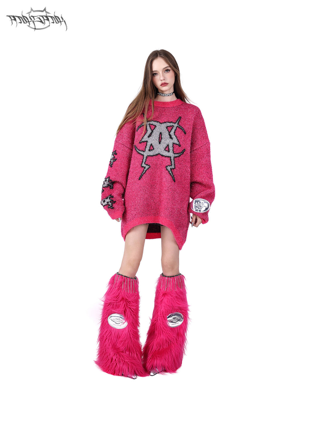 PINKSPINK BARBIE PINK rhinestone faux-fur leg warmers — product detail view showing texture and hardware