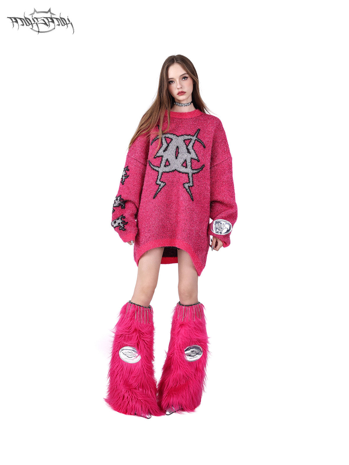 PINKSPINK BARBIE PINK rhinestone faux-fur leg warmers — product detail view showing texture and hardware