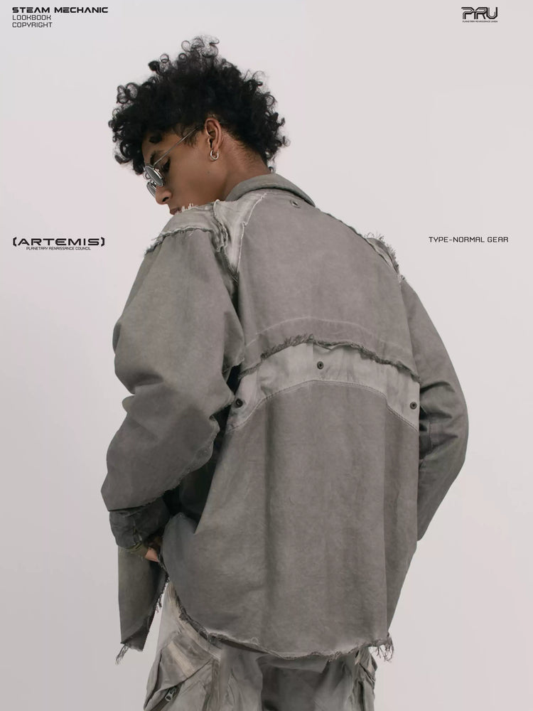 CHAOS ERA moon dust gray raw-edge technical shirt — rear three-quarter view of raw-edge panels and back vent