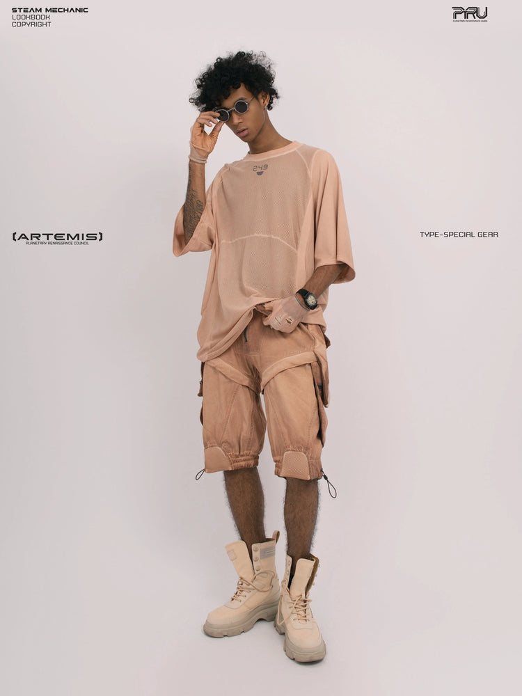 STARFIELD WELDER soft dawn orange distressed mesh tee — full-length front view adjusting sunglasses