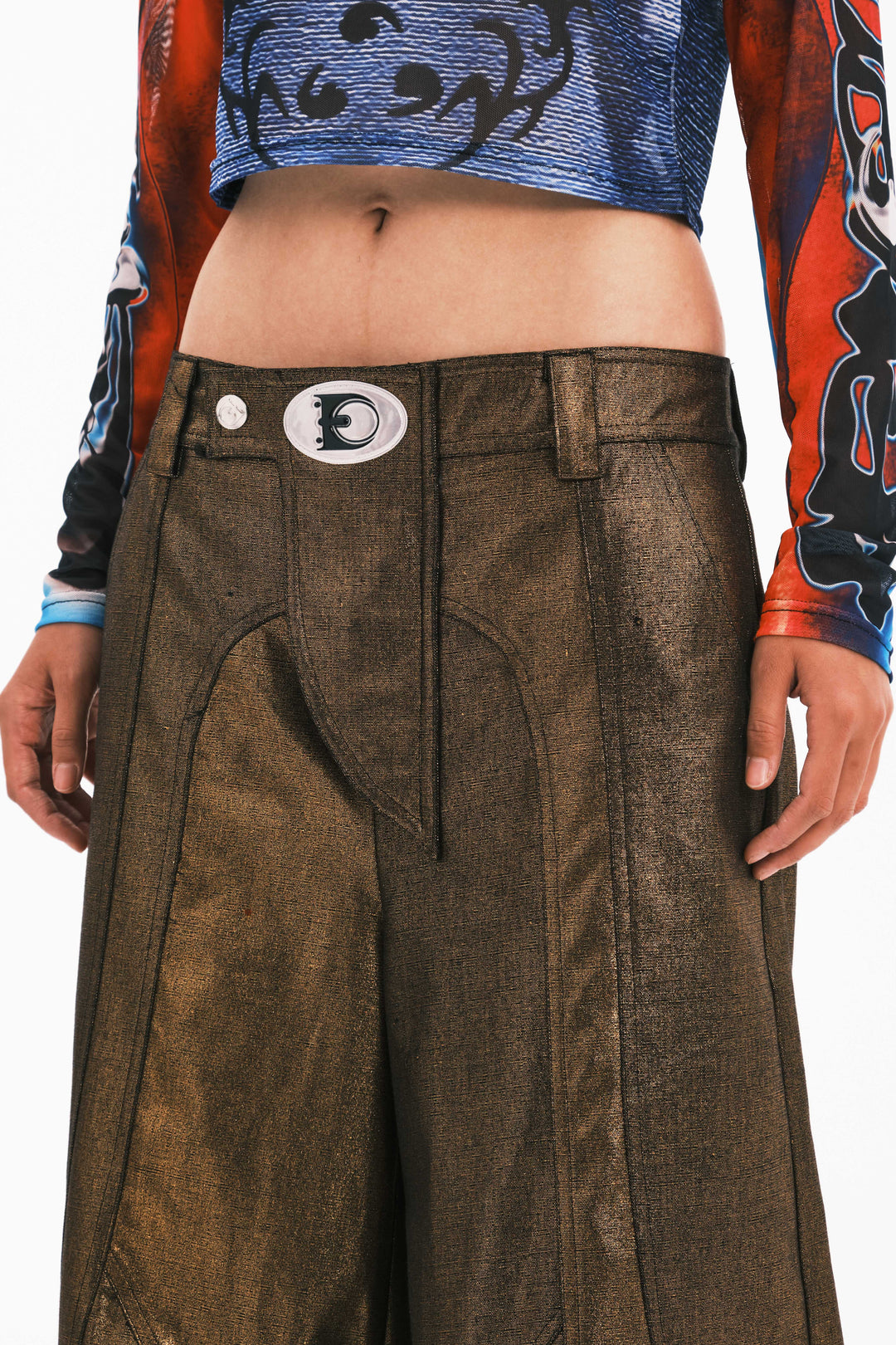 EMBRYO GOLD SPIKE metallic wide-leg pants — close modeled view