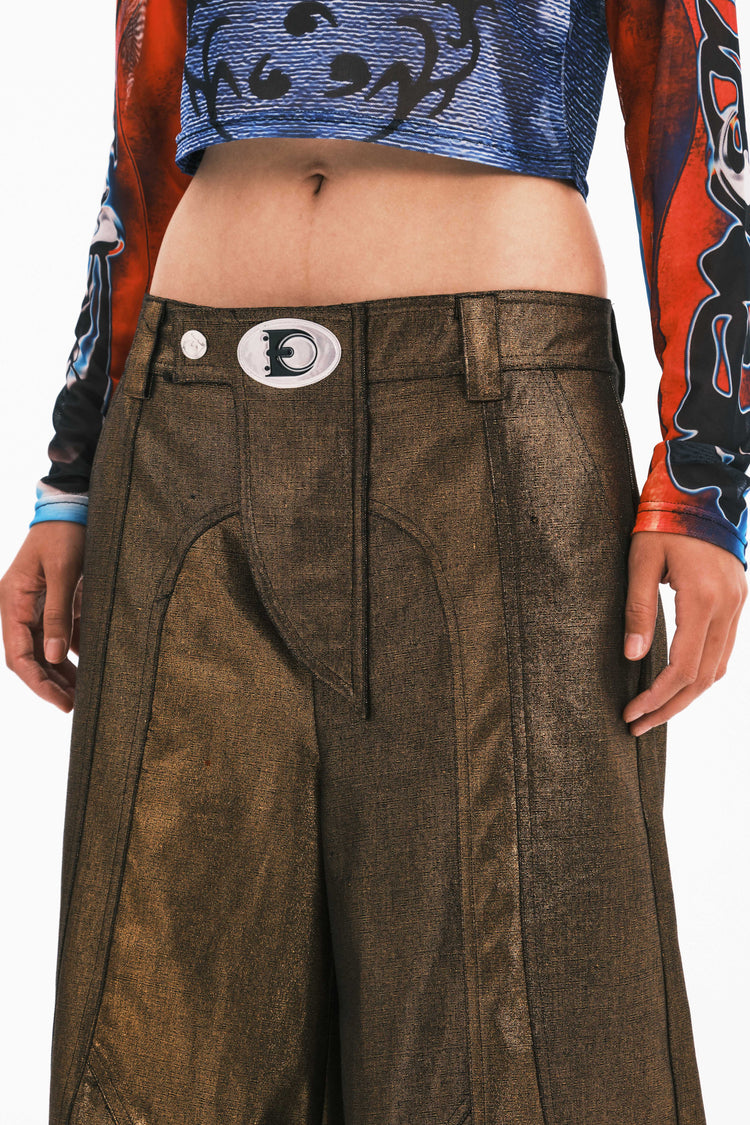 EMBRYO GOLD SPIKE metallic wide-leg pants — close modeled view