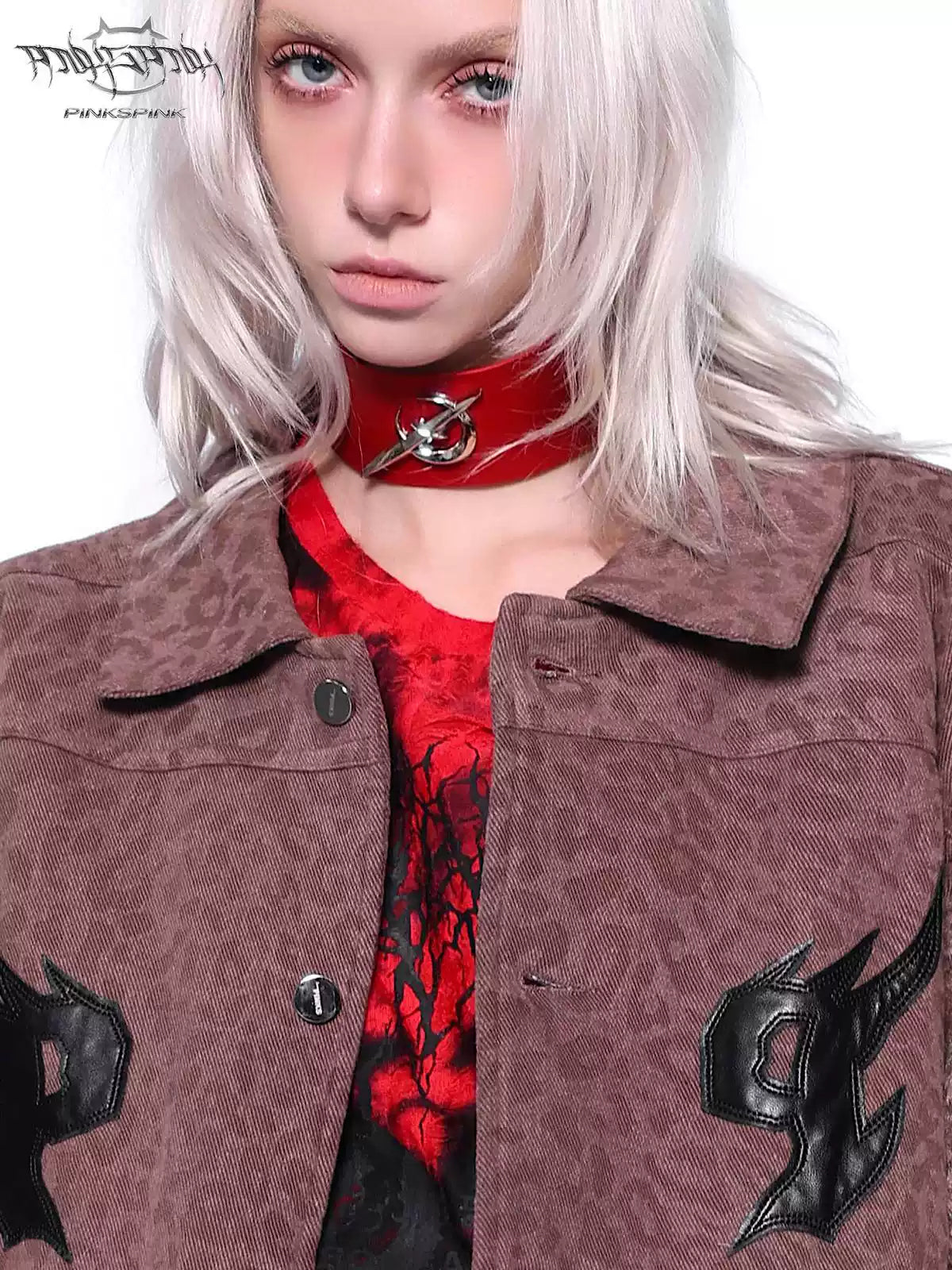 PINKSPINK ELECTRIC MOON punk leather choker — close modeled view highlighting the construction