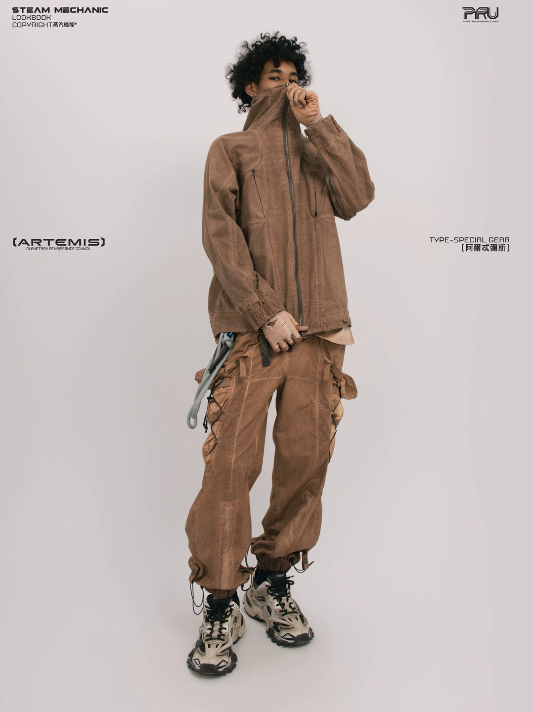 ARTEMIS soft dawn orange tuck-paneled technical jacket — full-length styled view
